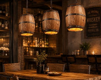 Suspension tonneau en bois, Lustre tonneau de vin rustique, Lampe de ferme à suspension, Plafonnier industriel, Éclairage de cuisine de pub