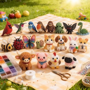 Pode incluir: Uma coleção de figuras de animais com contas, incluindo pássaros, insetos e animais de fazenda, dispostas sobre uma toalha de piquenique xadrez. As figuras são feitas com contas coloridas e apresentam designs detalhados.