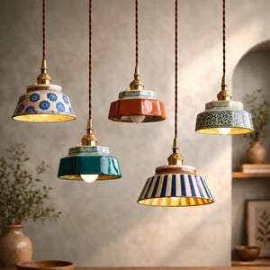 Lampa wisząca z ceramiki w stylu vintage | Ręcznie robiona ceramiczna lampa wisząca, rustykalna lampa sufitowa do kuchni, sypialni i jadalni