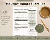 Monthly Budget Snapshot Printable PDF | Fillable Budget Planner | Simple Budget Template | Budgeting for Beginners