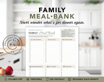 Family Meal Bank Organizer | Fillable Meal Planning Worksheet (Digital Download)