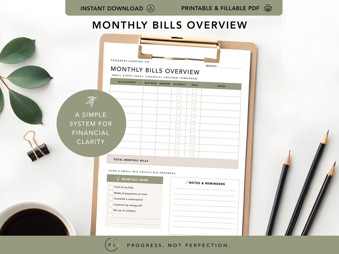 Monthly Bills Overview | Printable/fillable PDF Bills Tracker (digital ...