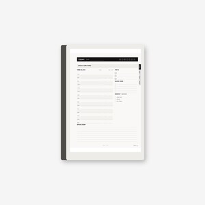 Può includere: Un modello di agenda giornaliera digitale visualizzato sullo schermo di un tablet. Il layout include sezioni per Today, Today's One Thing, Time-Block, Top 3, Quick Wins, Energy e Brain Dump. L'interfaccia presenta una barra laterale scura.