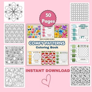 May include: A 50-page digital coloring book titled COMFY PATTERNS Coloring Book by ISHVI COLORING WORLD. The cover features colorful illustrations of emojis, bows, and cherries, alongside various black and white line art patterns including flowers, bees, and pandas.