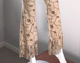 Amazing 90s Vintage Escada Suede Leather Hand Painted Fringe Flare Leg Pants