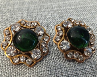 Chanel Vintage Clip-on Earrings Green Glass and Zirconia