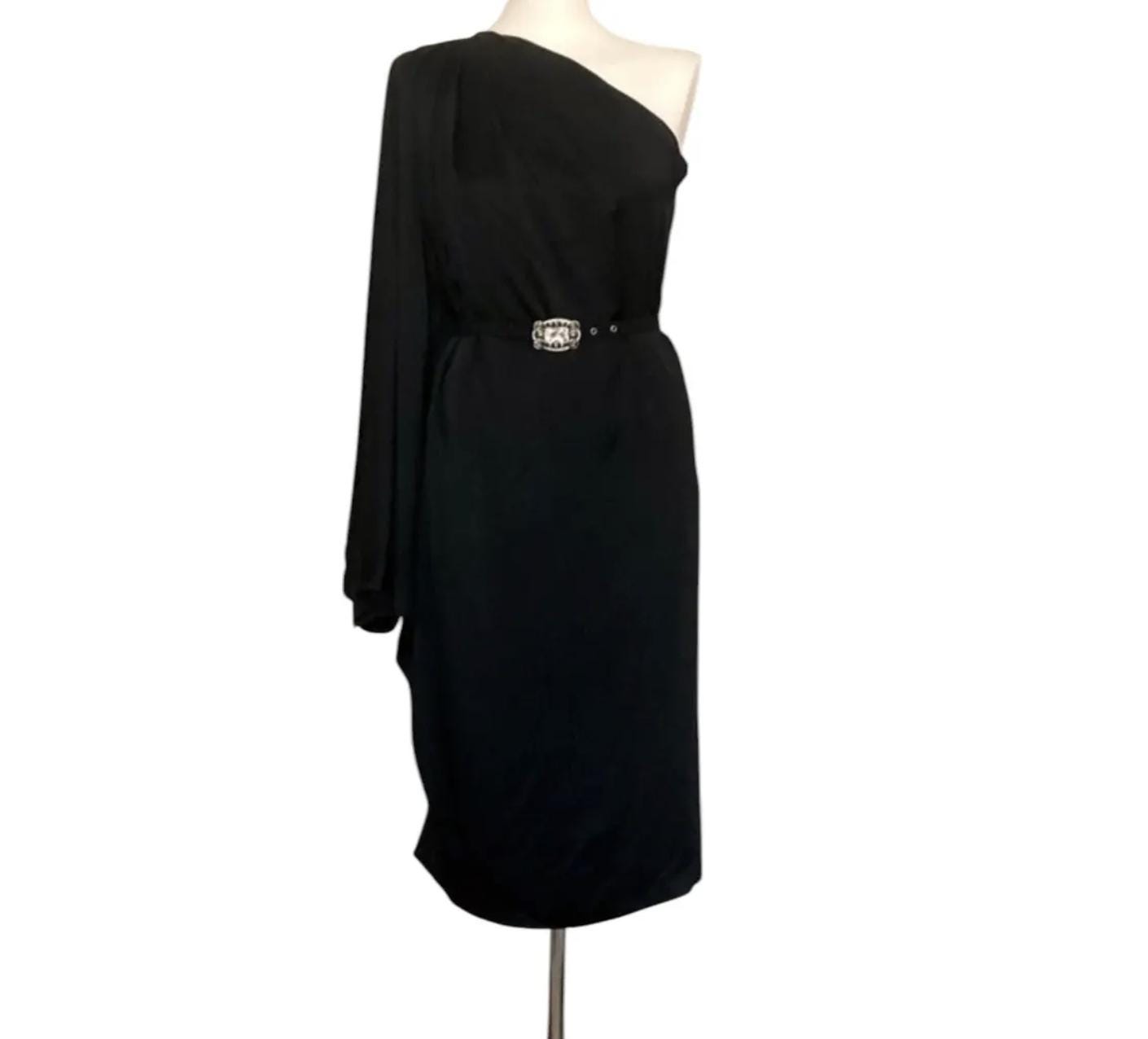 VINTAGE 2008 Dior Cruise collection black mid-length one shoulder asymmetric dress with diamond belt image 4