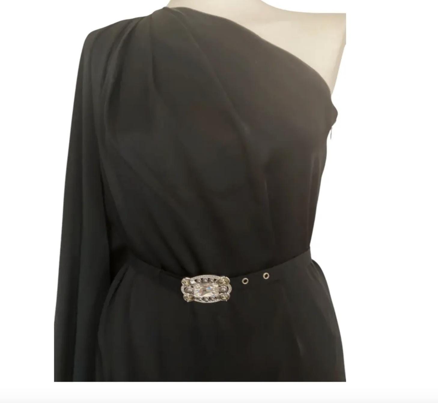 VINTAGE 2008 Dior Cruise collection black mid-length one shoulder asymmetric dress with diamond belt image 3