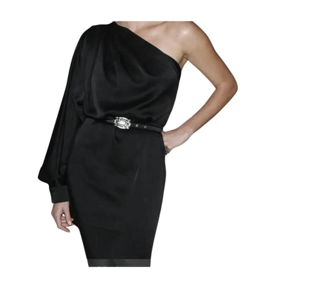 VINTAGE 2008 Dior Cruise collection black mid-length one shoulder asymmetric dress with diamond belt image 2