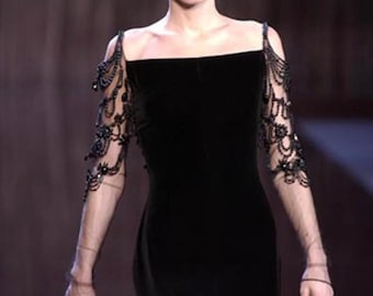 Vtg valentino F/W 2003 black velvet 1930s inspired beaded maxi dress gown US 12