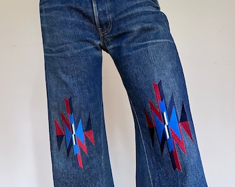 Levi’s Vintage W30L34 Classic Blue 501XX Jeans Embelished with Chimayo Embroidery, One of a Kind