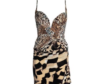 2000s 00s y2k Archive Vintage RUNWAY Roberto Cavalli printed silk jersey corseted mini dress, fw 2003