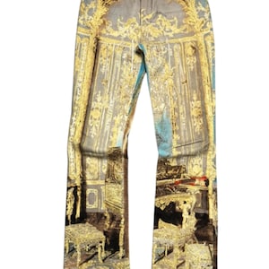 VINTAGE Y2K Roberto Cavalli S/S 2003 Metallic Gold Music Room Print Jeans – size XS, Made in Italy