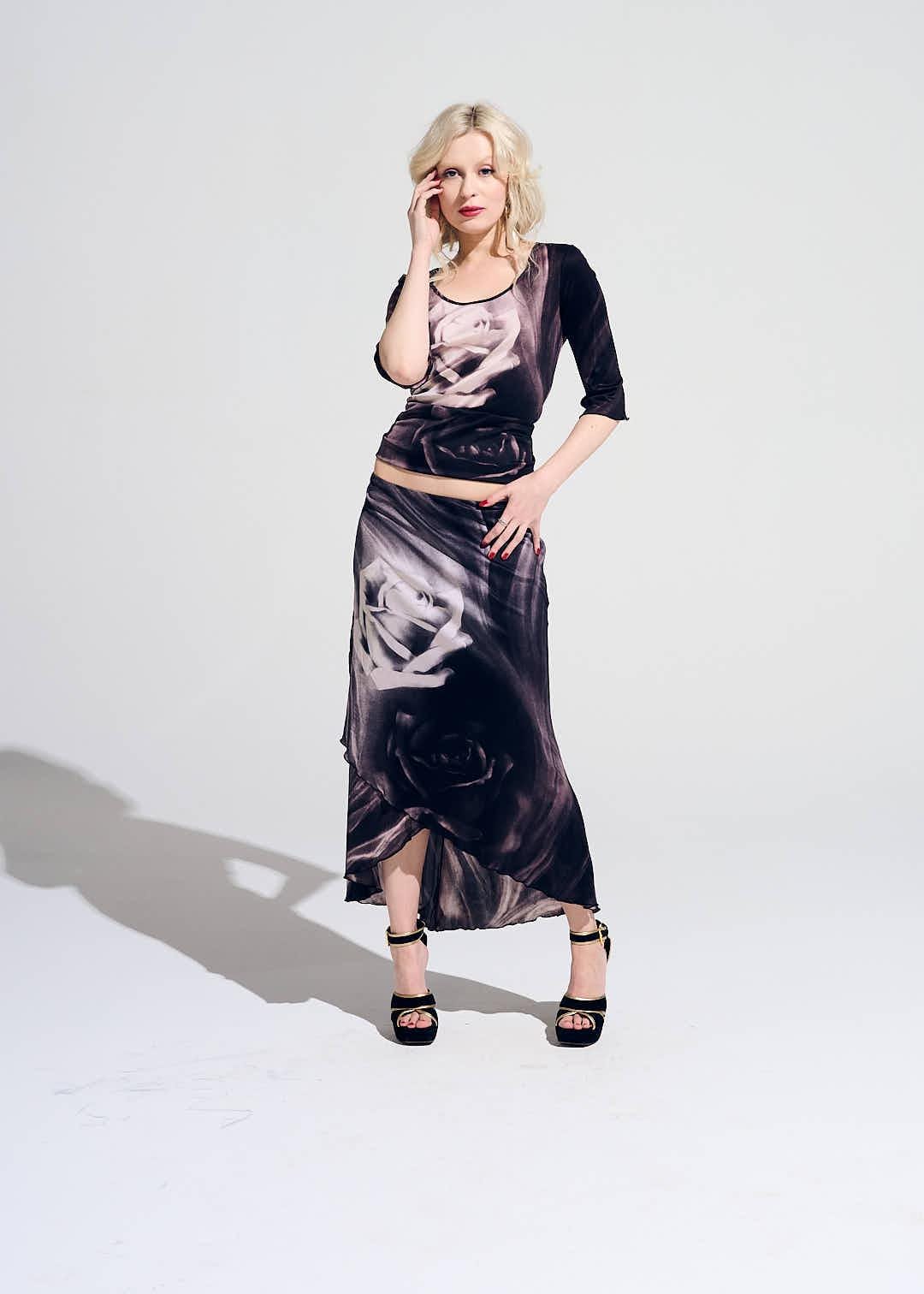 Vintage Roberto Cavalli Noir Acetate Skirt and Top Combo: 2000s Y2K Rose Print image 3