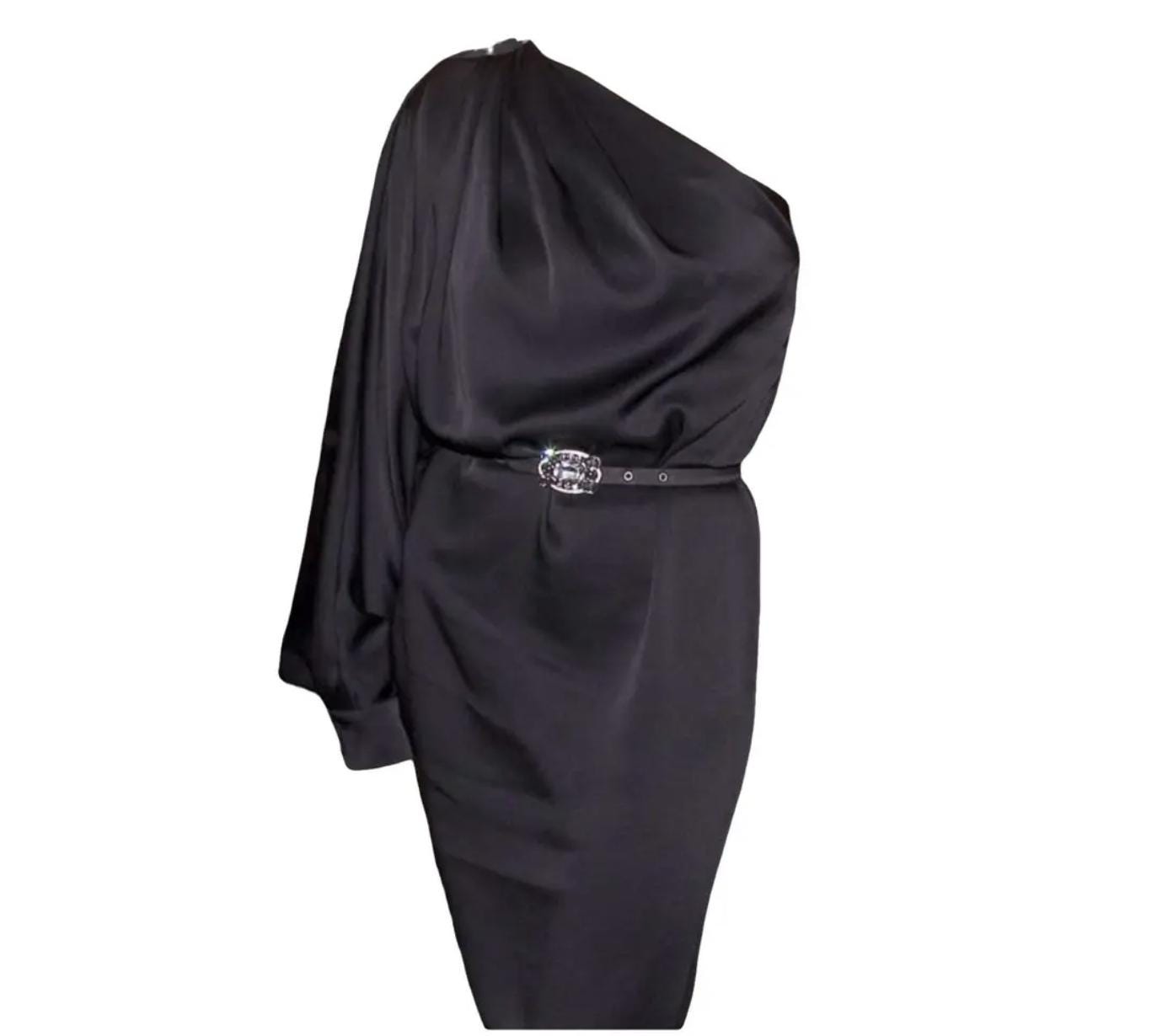 VINTAGE 2008 Dior Cruise collection black mid-length one shoulder asymmetric dress with diamond belt