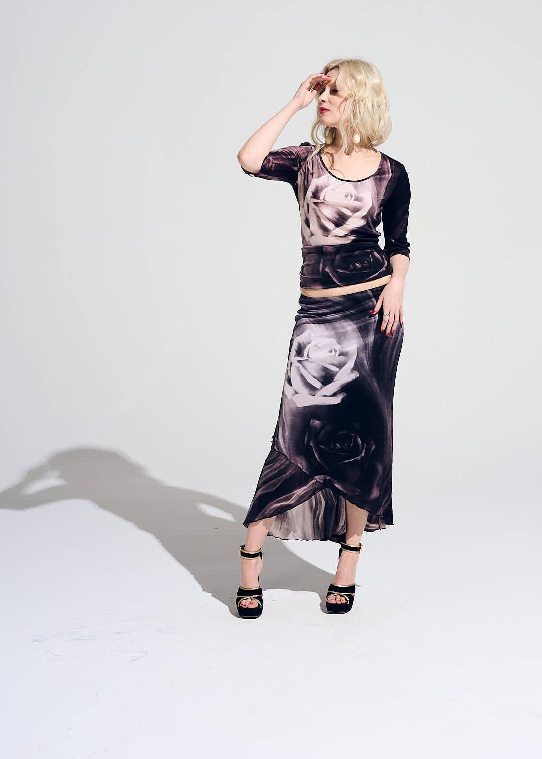 Vintage Roberto Cavalli Noir Acetate Skirt and Top Combo: 2000s Y2K Rose Print image 2