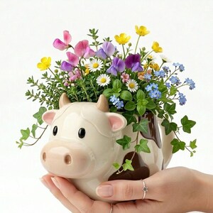 May include: A ceramic cow-shaped planter featuring a glossy cream finish with brown patches. The planter is filled with a vibrant arrangement of colorful wildflowers, including yellow, purple, pink, and white blossoms, along with green ivy foliage.