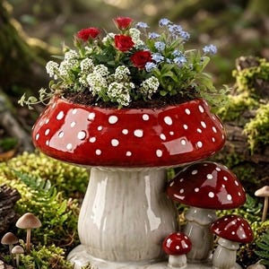 May include: A ceramic mushroom-shaped planter with a glossy red cap featuring white spots, filled with small red roses, white alyssum, and blue forget-me-not flowers. Three smaller mushroom figurines in red and white are attached to the base.