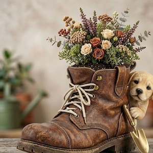 May include: A brown leather-look boot planter filled with a floral arrangement of small roses, heather, and eucalyptus. A small, light-colored puppy figurine peeks out from the side of the boot, which is accented with a miniature gold-toned shovel.