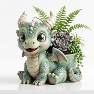 May include: A charming, green dragon planter with large eyes and a friendly smile. The ceramic dragon holds a pot filled with succulents and trailing plants. The dragon's horns and wings are detailed.