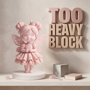 May include: A light pink fairy figurine with a crown and double buns stands on a circular base. Beside it, the text TOO HEAVY BLOCK is displayed in 3D letters. A gray cube, a small pink book, and several small pink stones are also present.