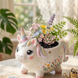 Könnte beinhalten: Ein weißer Keramik-Übertopf in Einhornform mit pastellfarbenem Regenbogenhorn, rosa Wangen und einem Blumenmuster an der Seite. Der Topf enthält verschiedene kleine Blumen, eine Sukkulente und Grünpflanzen. Eine kleine goldene Gießkanne steht daneben.