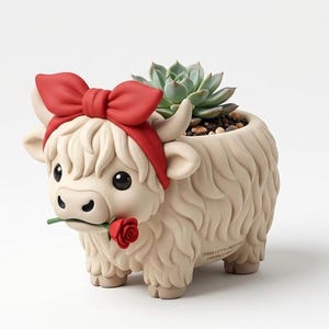 May include: A beige Highland cow planter with a red bow and a red rose in its mouth. The planter holds a green succulent. The cow has a fluffy coat and is on a white background.