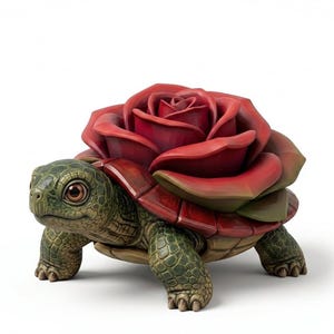 May include: A decorative turtle figurine featuring a textured green skin and a shell shaped like a large, blooming red rose. The rose petals are layered in shades of deep red and burgundy, while the turtle has detailed scales and dark eyes.