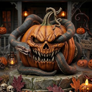 Può includere: Una zucca arancione intagliata con un volto simile a un teschio, denti affilati e occhi infossati, avvolta da un lungo serpente scuro e testurizzato. La zucca poggia su una base di pietra circondata da foglie autunnali cadute.