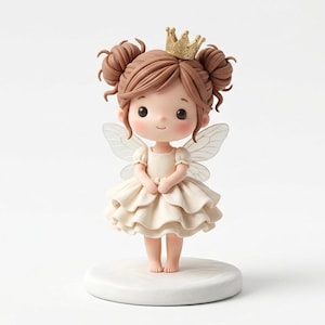 May include: A figurine of a fairy princess with brown hair styled in two buns, wearing a cream-colored dress and a gold crown. The fairy has translucent wings and is standing on a white circular base. The figurine is a charming decorative item.
