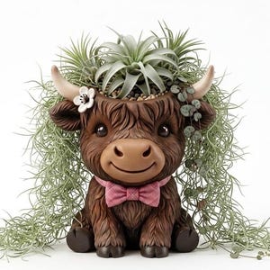 May include: A brown Highland cow planter with a smiling face, a pink bow tie, and a white flower. The planter is filled with green plants and has long, trailing greenery. A charming decorative item.