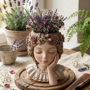 May include: A resin planter shaped like a person's head with closed eyes and a hand resting on the cheek. The figure wears a crown of sculpted pink roses and a ruffled collar. The head serves as a container filled with dried purple lavender flowers.