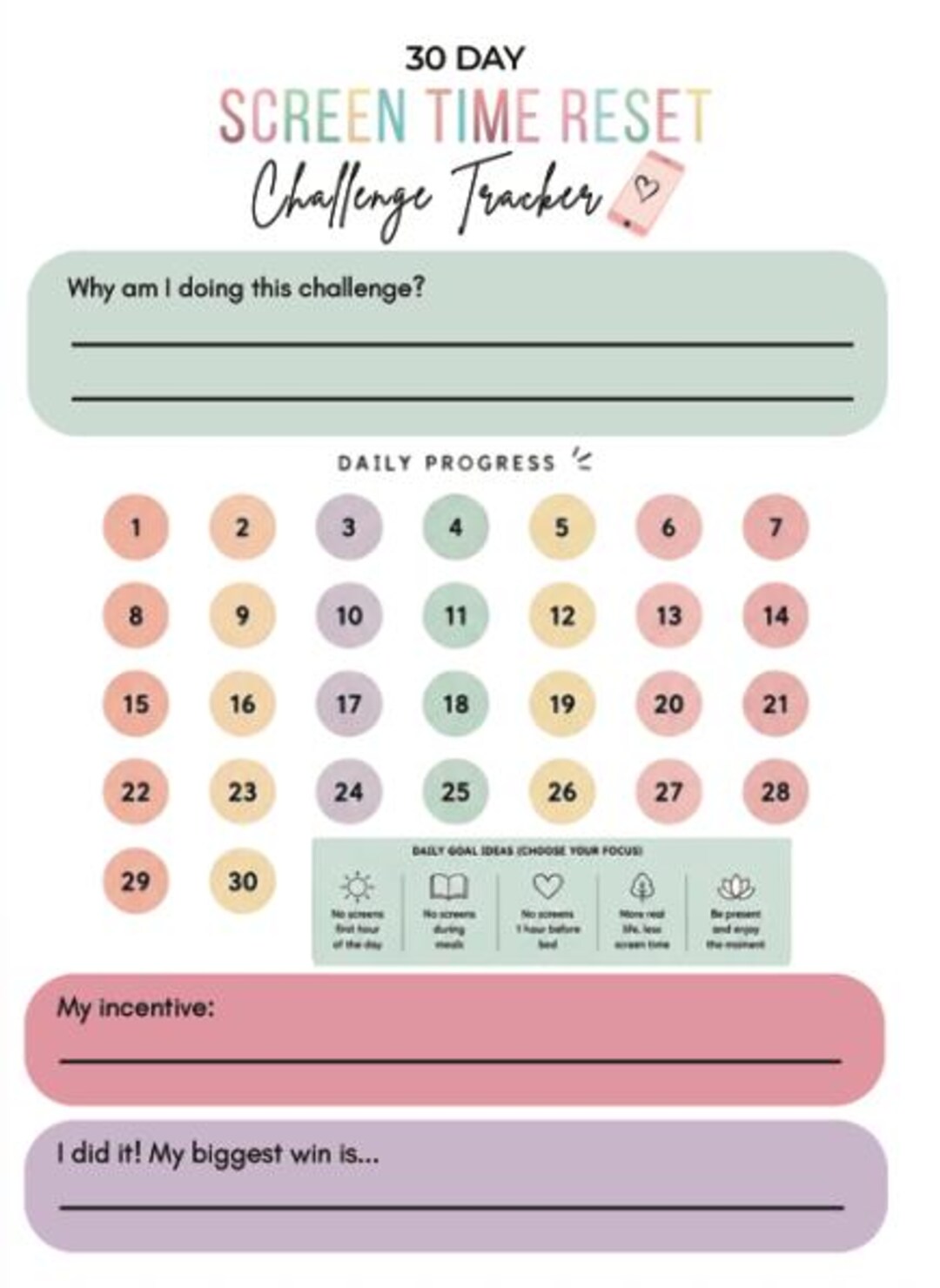 30 Day Screen Time Reset Challenge Tracker | Digital Detox Journal (PDF ...