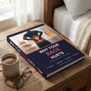 May include: A book titled "WHY YOUR BACK HURTS" with a person holding their back in pain on the cover. The book is on a wooden table next to a cup of tea, glasses, and a small potted plant. The book's cover is dark blue.