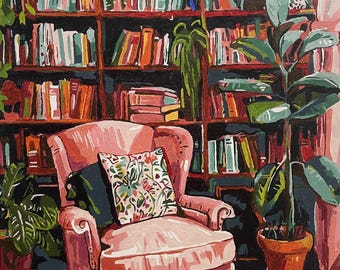Completed Paint-By-Number Reading Nook | Cozy Library Wall Art with Pink Chair & Houseplants | Hand Painted