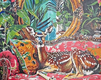 Completed Paint-by-Number Deer | Hand-Painted Whimsical Maximalist Wall Art