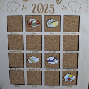 May include: A light-coloured wooden display board titled Disney 2025 Fantasy Flights with a grid of cork squares. The board features engraved character names and includes six enamel pins of various characters on clouds, including Owl, Ray, Tinker Bell, Magic Carpet, and Zipper.