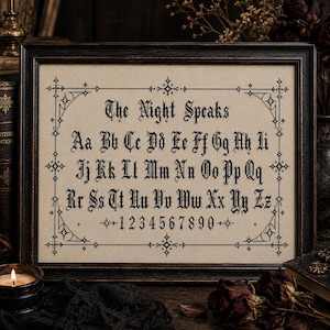 Può includere: Un ricamo a punto croce incorniciato su tessuto beige che presenta il testo nero The Night Speaks, un alfabeto in maiuscolo e minuscolo dalla A alla Z e i numeri da 0 a 9 in un carattere gotico, racchiuso da un bordo geometrico nero decorativo.
