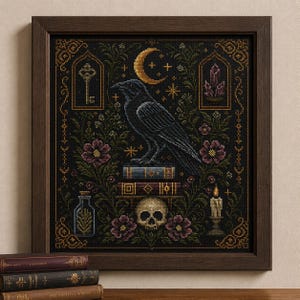 Dark Academia Kreuzstichmuster, Buchliebhaber Sampler PDF, Die vergessene Bibliothek