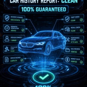 Puede incluir: Un gr&aacute;fico digital de informe de historial de veh&iacute;culo con un sed&aacute;n de estructura al&aacute;mbrica azul. El texto incluye CAR HISTORY REPORT: CLEAN, 100% GUARANTEED, y estados para accidentes, robo, od&oacute;metro, revisiones y valor de mercado.