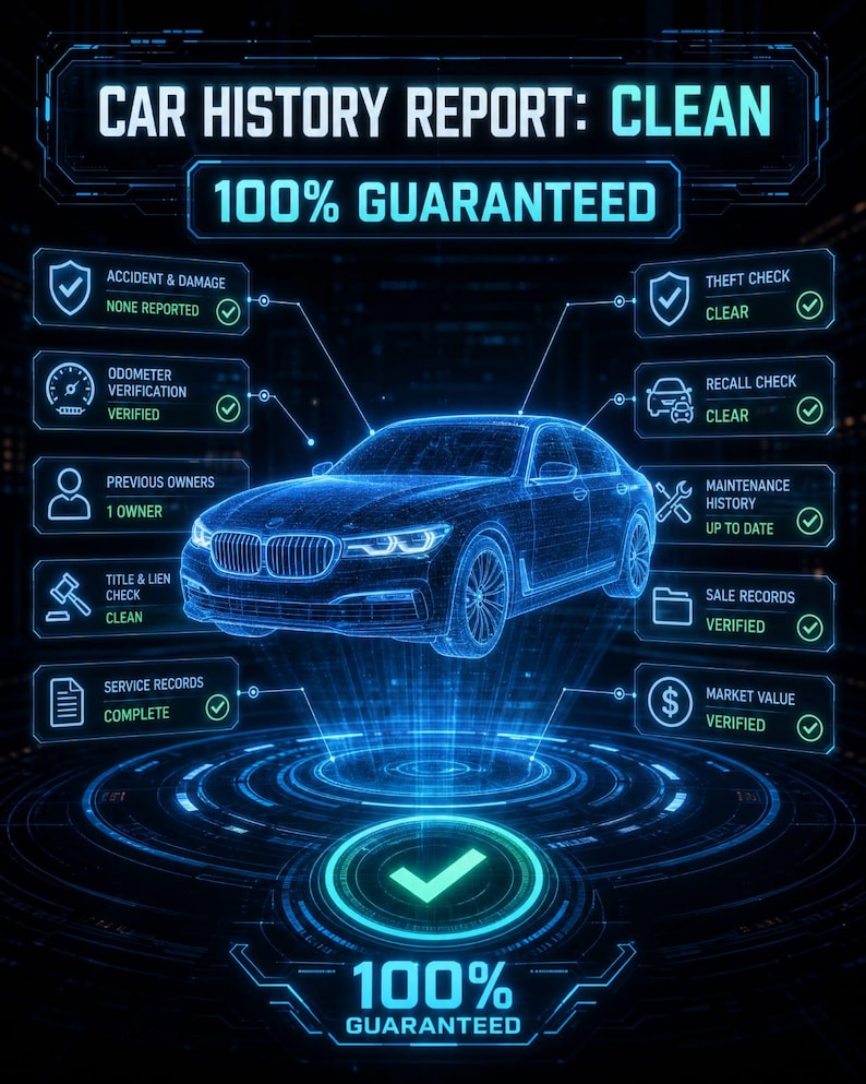 Puede incluir: Un gr&aacute;fico digital de informe de historial de veh&iacute;culo con un sed&aacute;n de estructura al&aacute;mbrica azul. El texto incluye CAR HISTORY REPORT: CLEAN, 100% GUARANTEED, y estados para accidentes, robo, od&oacute;metro, revisiones y valor de mercado.