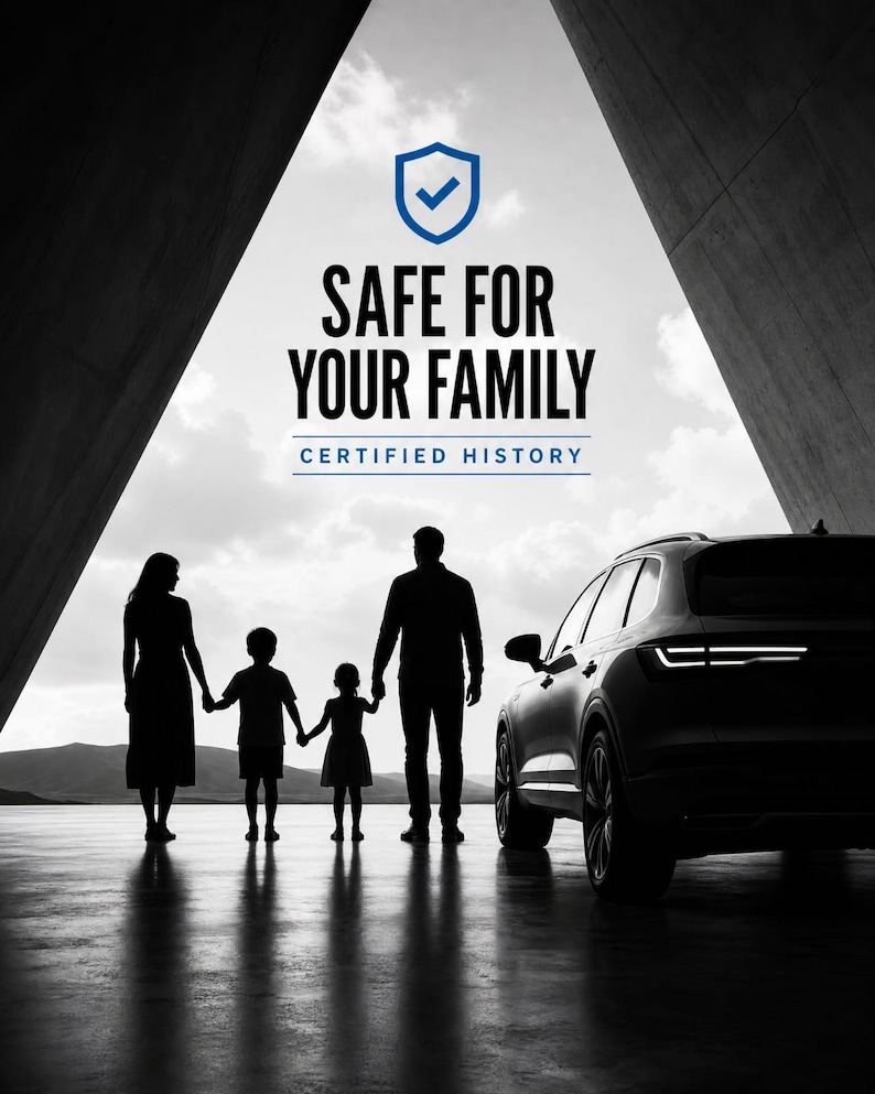 Puede incluir: Una silueta en blanco y negro de una familia de cuatro personas de pie junto a un SUV moderno. Arriba, el texto dice SAFE FOR YOUR FAMILY y CERTIFIED HISTORY, acompa&ntilde;ado de un icono de escudo azul con una marca de verificaci&oacute;n centrada.