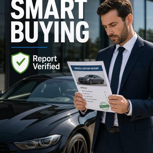 Puede incluir: Un informe de historial de veh&iacute;culo sostenido en las manos, con el texto SMART BUYING y Report Verified junto a un icono de escudo verde. El documento muestra una imagen de coche y detalles de resumen frente a un coche negro y una persona en traje.