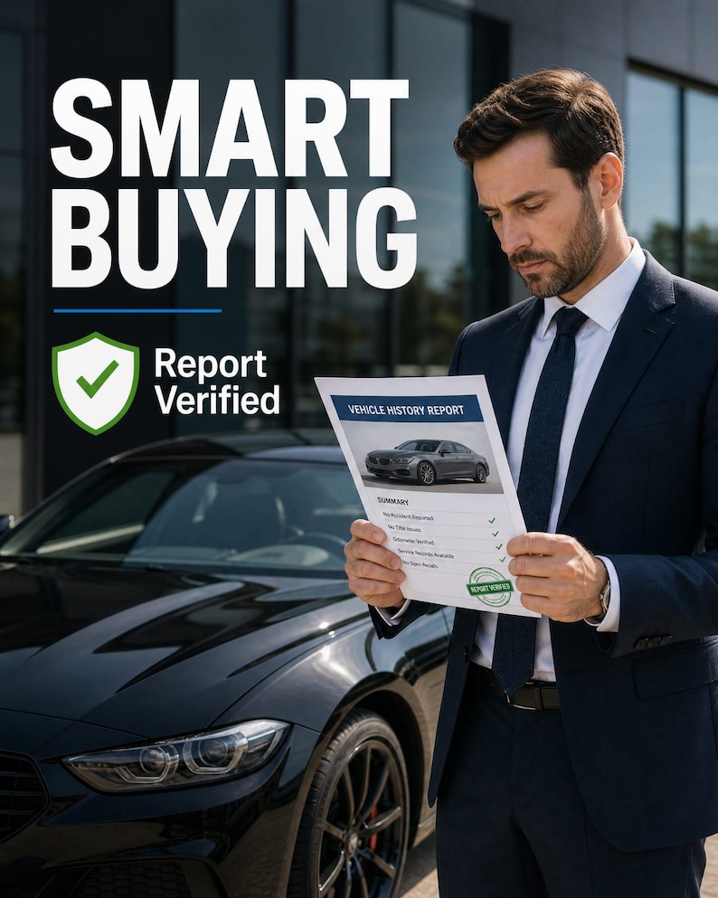 Puede incluir: Un informe de historial de veh&iacute;culo sostenido en las manos, con el texto SMART BUYING y Report Verified junto a un icono de escudo verde. El documento muestra una imagen de coche y detalles de resumen frente a un coche negro y una persona en traje.