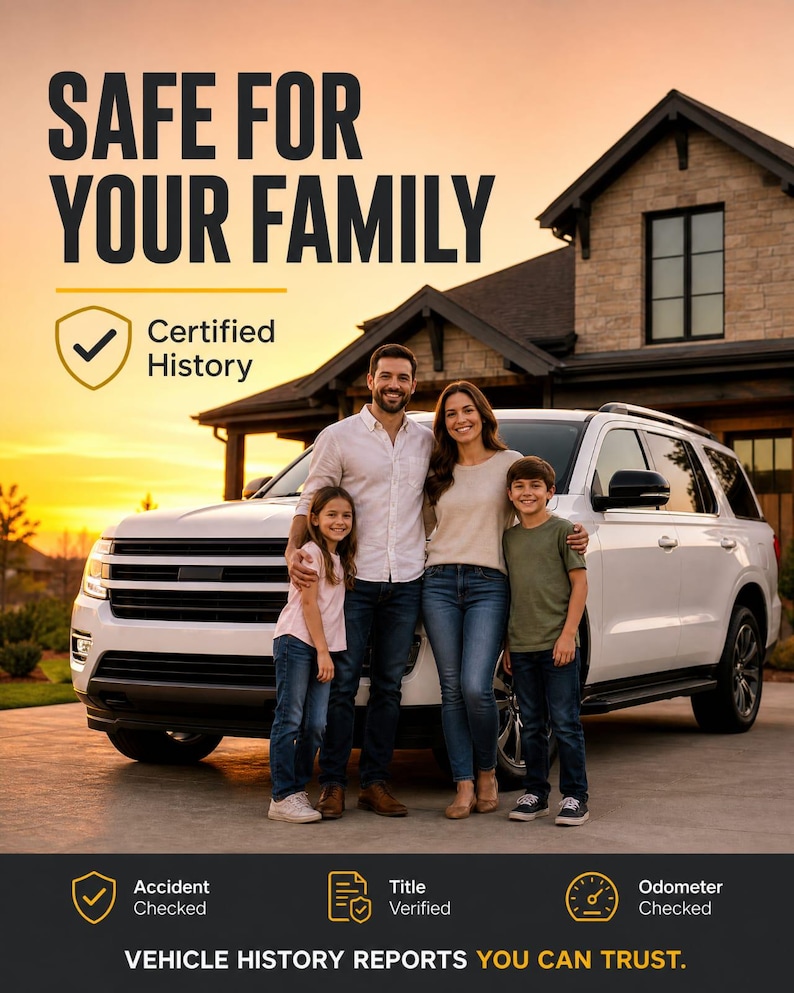 Puede incluir: Un SUV blanco estacionado frente a una casa con una familia de pie delante. El texto dice: SAFE FOR YOUR FAMILY, Certified History, Accident Checked, Title Verified, Odometer Checked y VEHICLE HISTORY REPORTS YOU CAN TRUST.