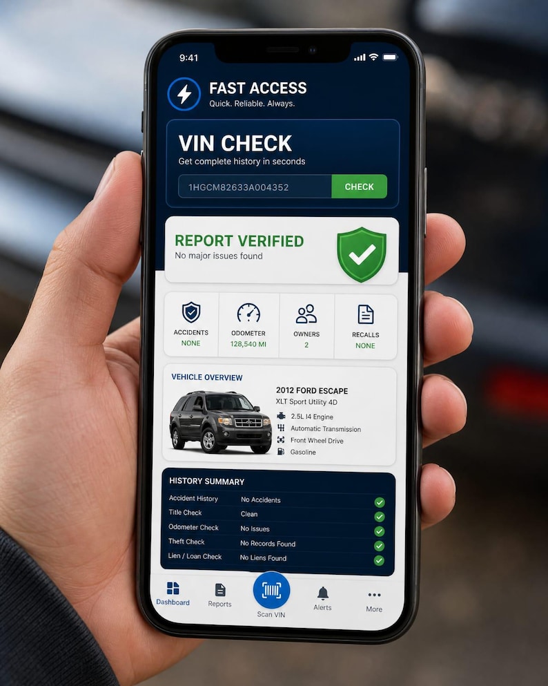 May include: A smartphone displaying a vehicle history report app with a dark blue interface. The screen shows a VIN check for a 2012 Ford Escape, indicating no major issues, 128,540 miles, two owners, and a clean history summary with green checkmarks.