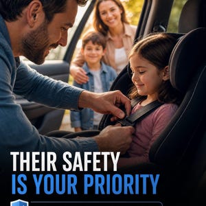 Puede incluir: Un asiento de seguridad negro para ni&ntilde;os con costuras blancas instalado en un veh&iacute;culo. El texto dice: THEIR SAFETY IS YOUR PRIORITY. GET A CERTIFIED HISTORY REPORT. Un icono de escudo azul con una marca de verificaci&oacute;n blanca.
