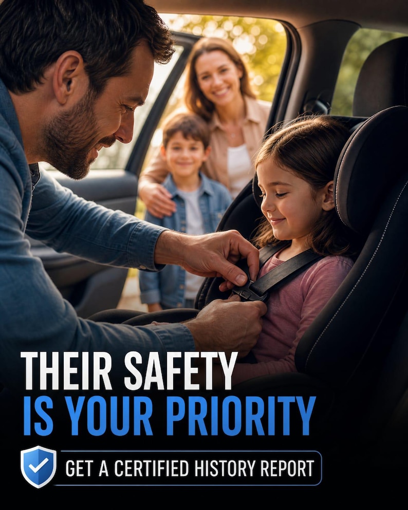 Puede incluir: Un asiento de seguridad negro para ni&ntilde;os con costuras blancas instalado en un veh&iacute;culo. El texto dice: THEIR SAFETY IS YOUR PRIORITY. GET A CERTIFIED HISTORY REPORT. Un icono de escudo azul con una marca de verificaci&oacute;n blanca.