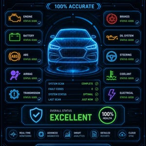 May include: A digital vehicle diagnostic system interface featuring a glowing blue wireframe car at the center. The dashboard displays status indicators for engine, battery, brakes, oil, steering, and transmission, with text reading 100% Accurate and Excellent.
