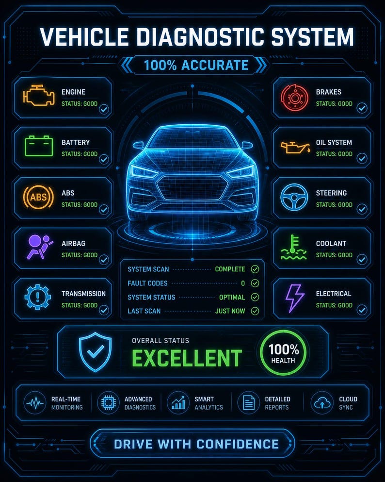 May include: A digital vehicle diagnostic system interface featuring a glowing blue wireframe car at the center. The dashboard displays status indicators for engine, battery, brakes, oil, steering, and transmission, with text reading 100% Accurate and Excellent.